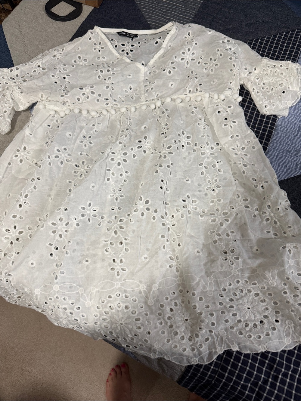 White Eyelet Babydoll Dress with Pom Trim